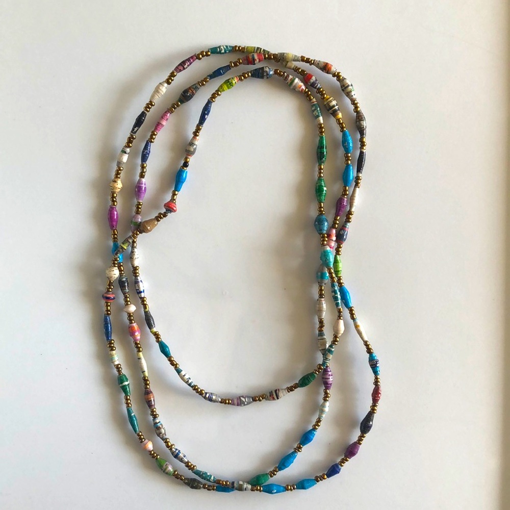 Handmade Ethiopian paper bead necklace multicolor gold